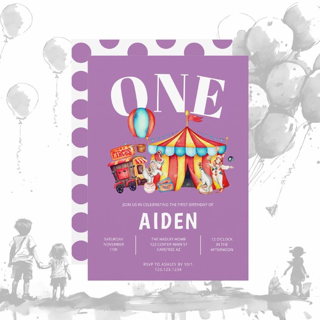 Carnival Circus Big Top Purple 1st Birthday Invitation (Creator Uploaded)