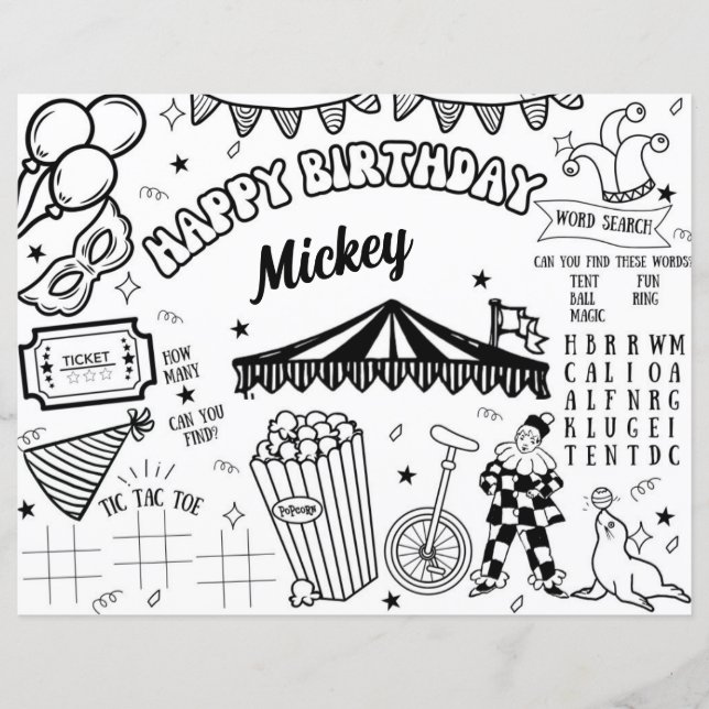 Carnival Circus Birthday Coloring Page Placemat  (Front)