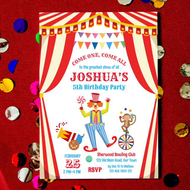 Carnival circus clown birthday party invitation | Zazzle