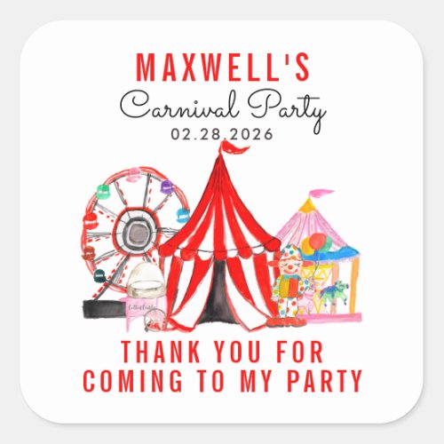 Carnival Circus Festival Show Thank You Birthday S Square Sticker