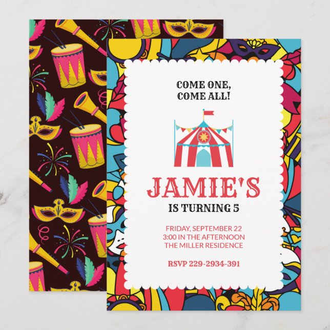 Carnival Circus Pary Birthday Invitation (Front/Back)