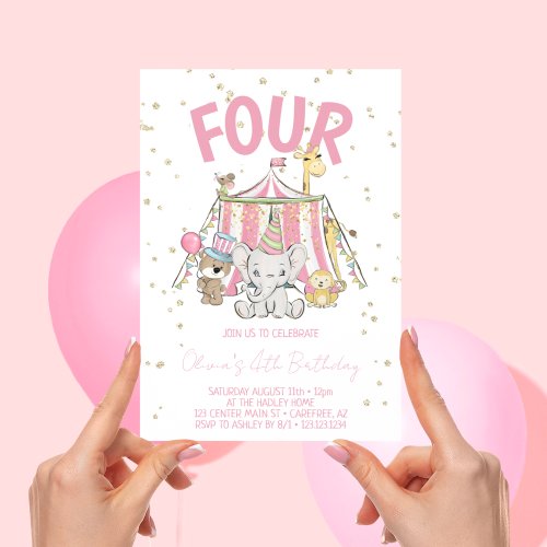 Carnival Circus Pink 4th Birthday Invitation