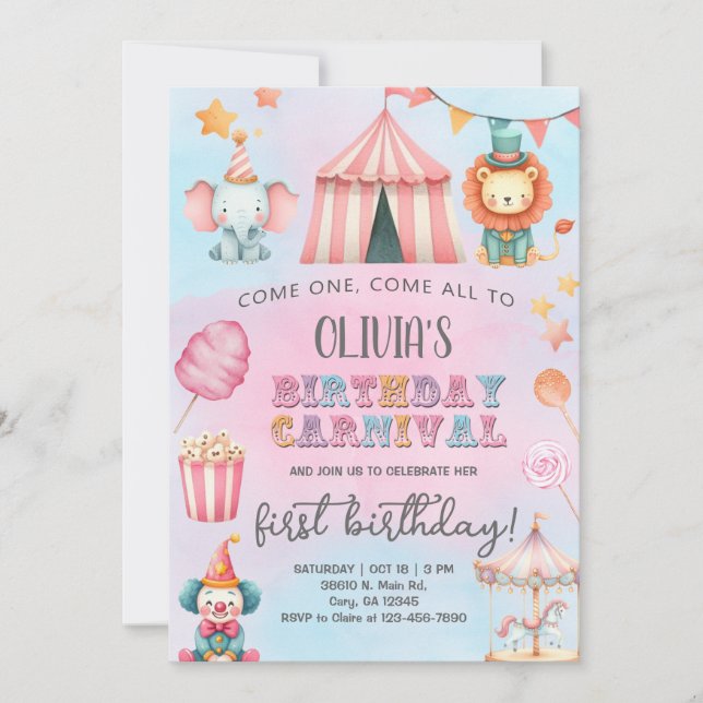 Carnival / Circus pink girl birthday invitation. Invitation (Front)