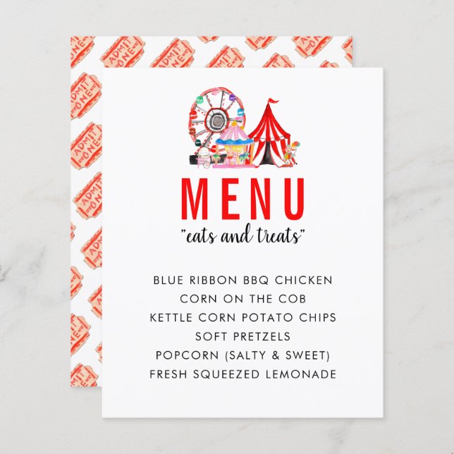 Carnival Circus Show Birthday Party Menu (Front/Back)