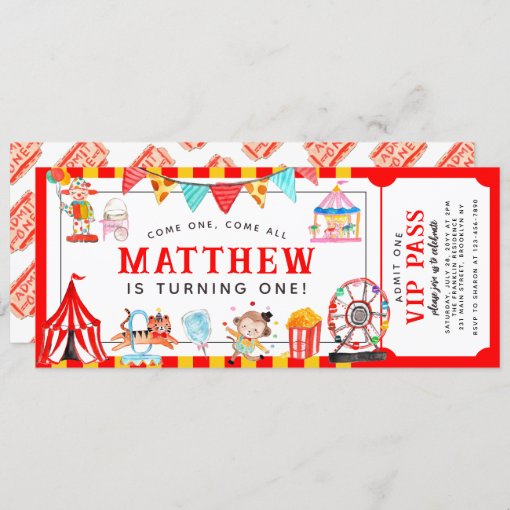 Carnival Circus Show Ticket Entrance Kids Birthday Invitation | Zazzle