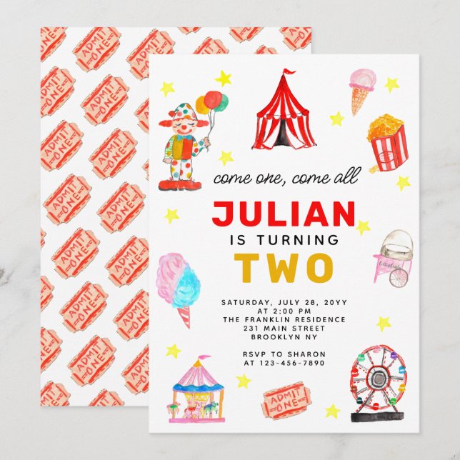 Carnival Circus Tent Clown Popcorn Kid Birthday Invitation (Front/Back)