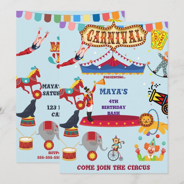 Carnival Circus theme Kids Birthday  Invitation (Front/Back)