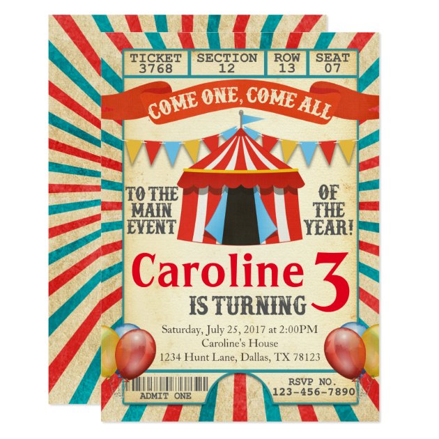 Carnival Circus Ticket Birthday Party Invitation