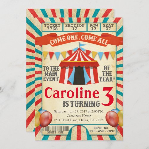 Carnival Circus Ticket Birthday Party Invitation