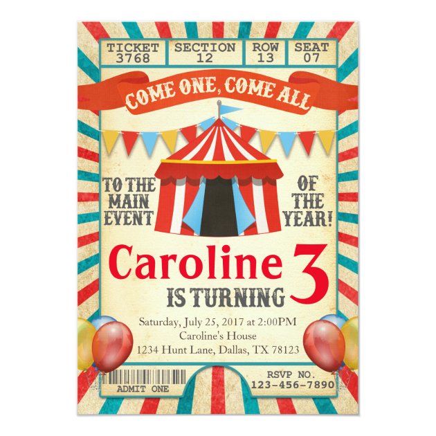 Carnival Circus Ticket Birthday Party Invitation
