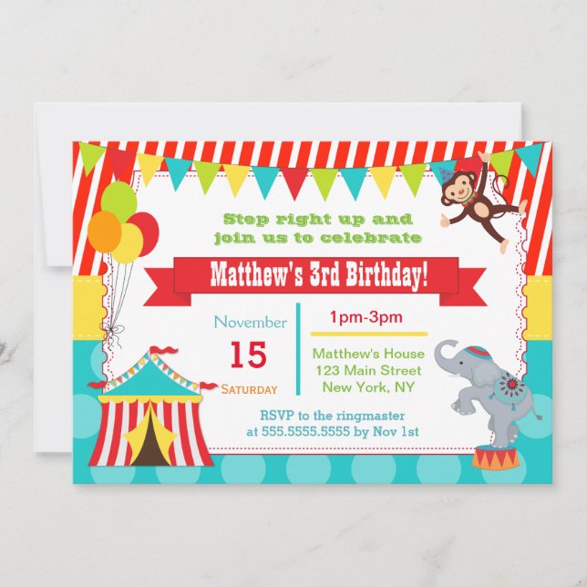 Carnival Circus Ticket Birthday Party Invitations (Front)