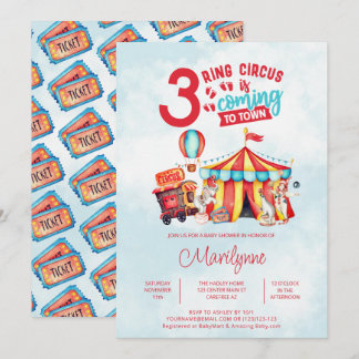 Carnival Circus Triplets Baby Shower Invitation