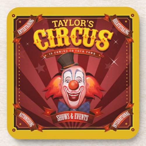 Carnival Clown ADD NAME Big Top Family Circus Show Beverage Coaster