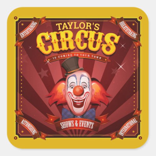 Carnival Clown ADD NAME Big Top Family Circus Show Square Sticker