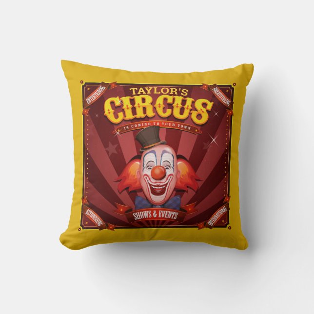 Carnival Clown ADD NAME Big Top Family Circus Show Throw Pillow (Front)