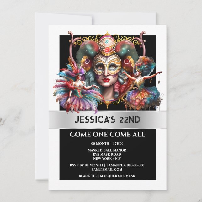 Carnival colorful festival showgirls feather masks invitation (Front)