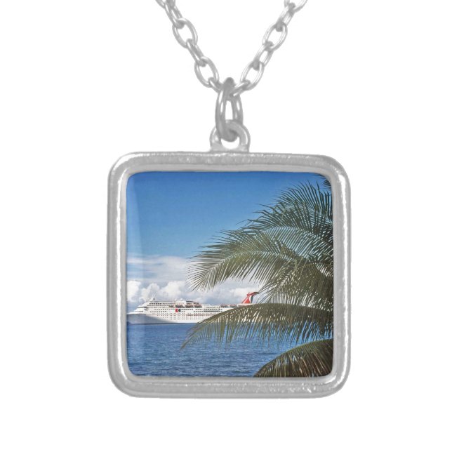 Carnival cruise ship docked at Grand Cayman Island Silver Plated Necklace (Front)
