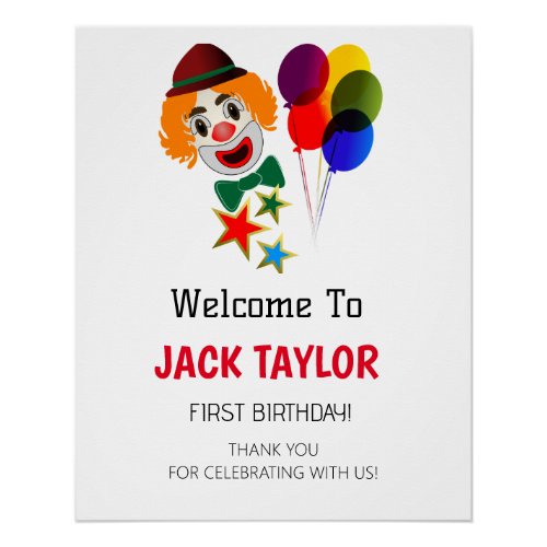 Carnival Cute Circus Clown First Birthday Welcome  Poster