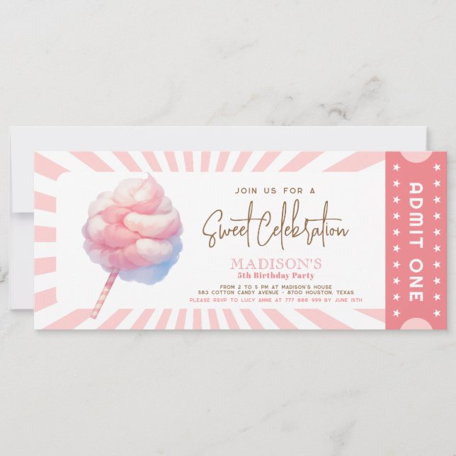 Carnival fair Cotton Candy Girls ticket admit one Invitation (Front)