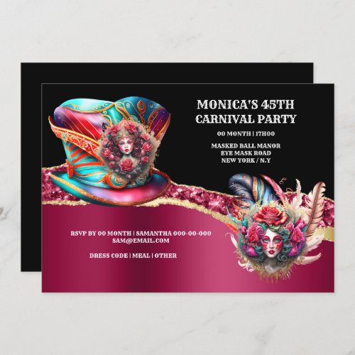 Carnival fantasy ladies rose feathers burgundy  invitation