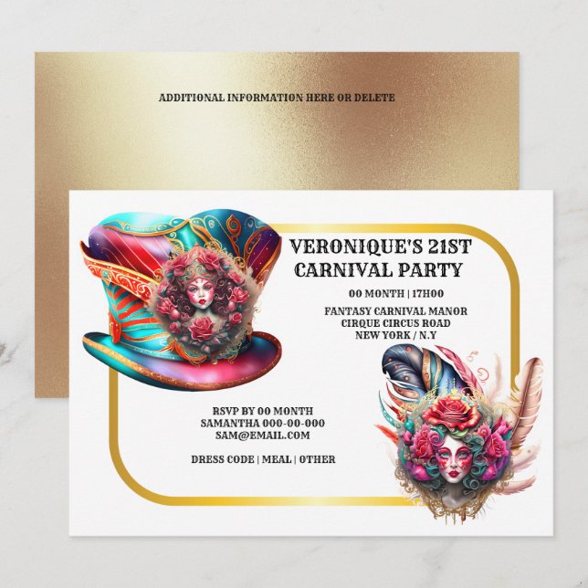 Carnival fantasy ladies rose feathers cirque gold invitation (Front/Back)
