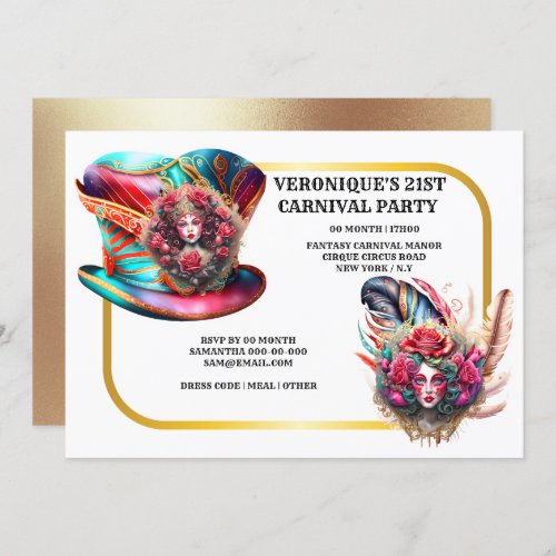 Carnival fantasy ladies rose feathers cirque gold invitation
