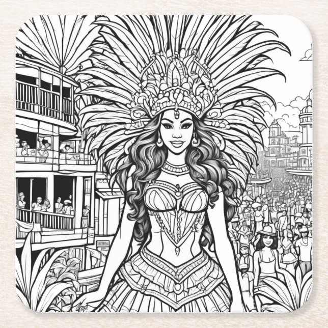 Carnival in Brazil Coloring Square Paper Coaster (Front)