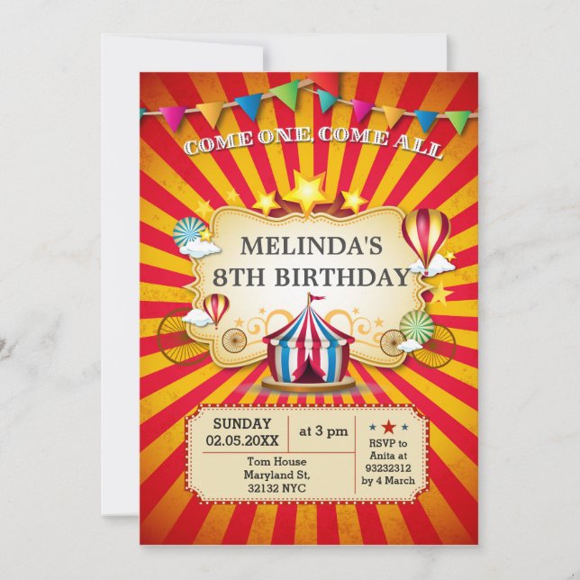 Carnival kids circus Birthday party invitations (Front)
