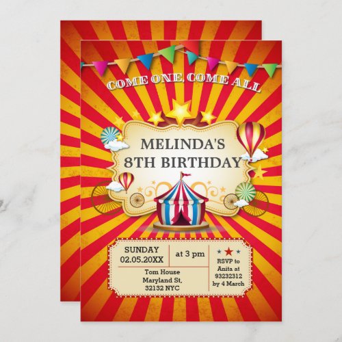 Carnival kids circus Birthday party invitations