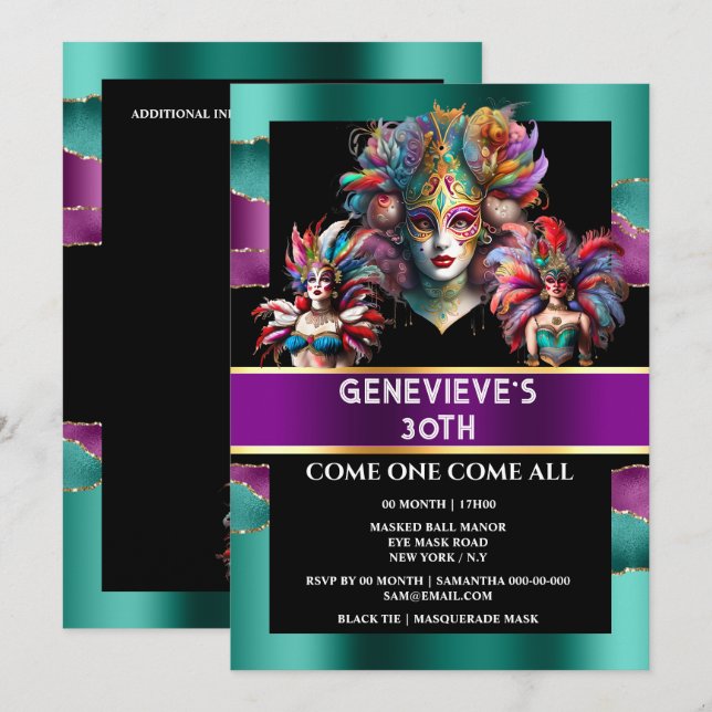 Carnival mardi gras festival woman masks feathers  invitation (Front/Back)