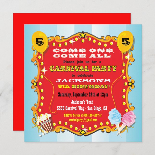 Carnival Marquee Birthday Party Invitations (Front/Back)