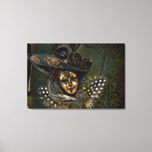 Carnival Mask-Green Damask Wrapped Canvas Print