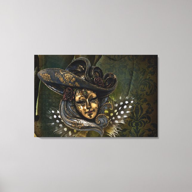 Carnival Mask-Green Damask Wrapped Canvas Print (Front)