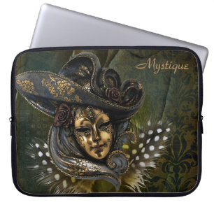 Carnival Mask - Green/Gold Damask Laptop Sleeve