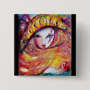 CARNIVAL MASK IN GOLD YELLOW WITH RED ROSE BUTTON