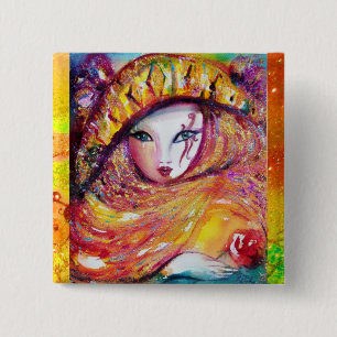 CARNIVAL MASK IN GOLD YELLOW WITH RED ROSE BUTTON