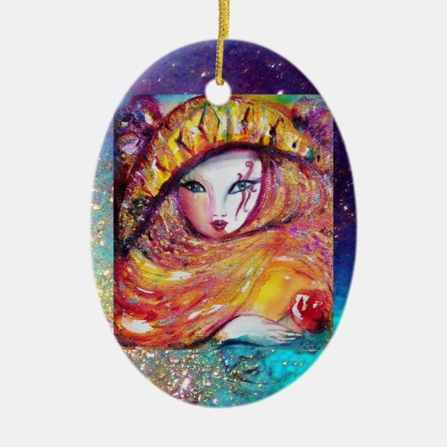 CARNIVAL MASK IN GOLD YELLOW WITH RED ROSE CERAMIC ORNAMENT (Front)