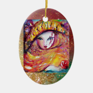 CARNIVAL MASK IN GOLD YELLOW WITH RED ROSE CERAMIC ORNAMENT