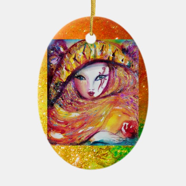 CARNIVAL MASK IN GOLD YELLOW WITH RED ROSE CERAMIC ORNAMENT (Front)