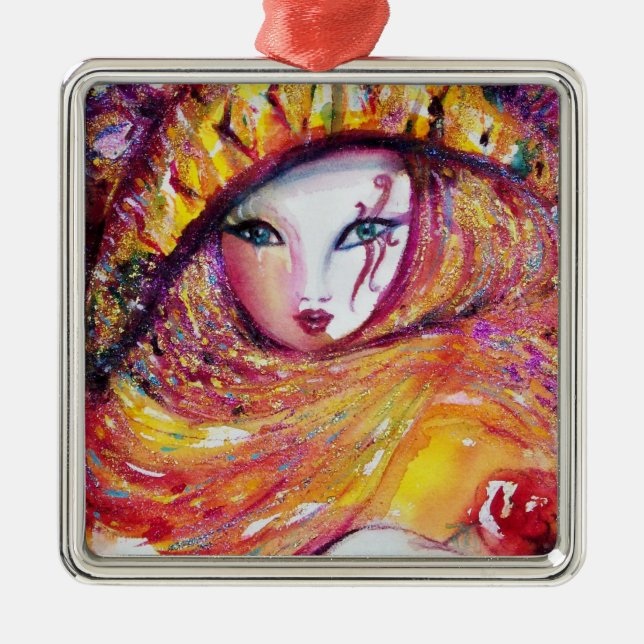 CARNIVAL MASK IN GOLD YELLOW WITH RED ROSE METAL ORNAMENT (Front)