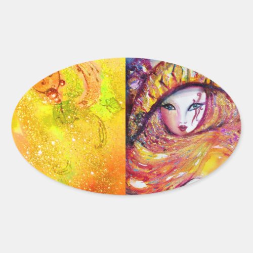 CARNIVAL MASK IN GOLD YELLOW WITH RED ROSE OVAL STICKER