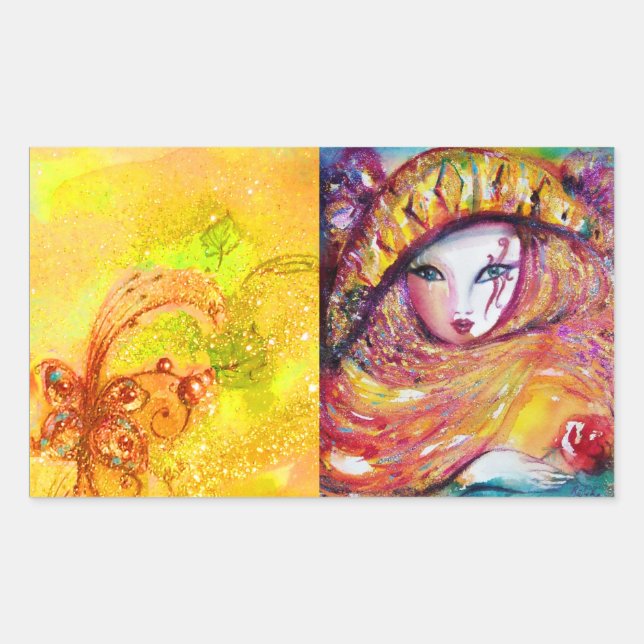 CARNIVAL MASK IN GOLD YELLOW WITH RED ROSE RECTANGULAR STICKER (Front)