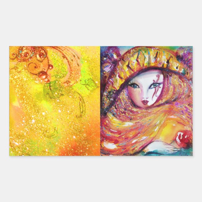 CARNIVAL MASK IN GOLD YELLOW WITH RED ROSE RECTANGULAR STICKER (Front)