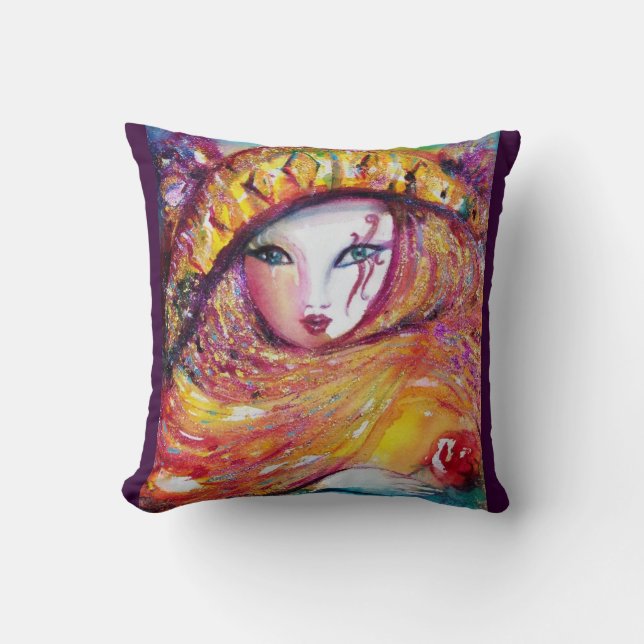 CARNIVAL MASK IN GOLD YELLOW WITH RED ROSE THROW PILLOW (Front)
