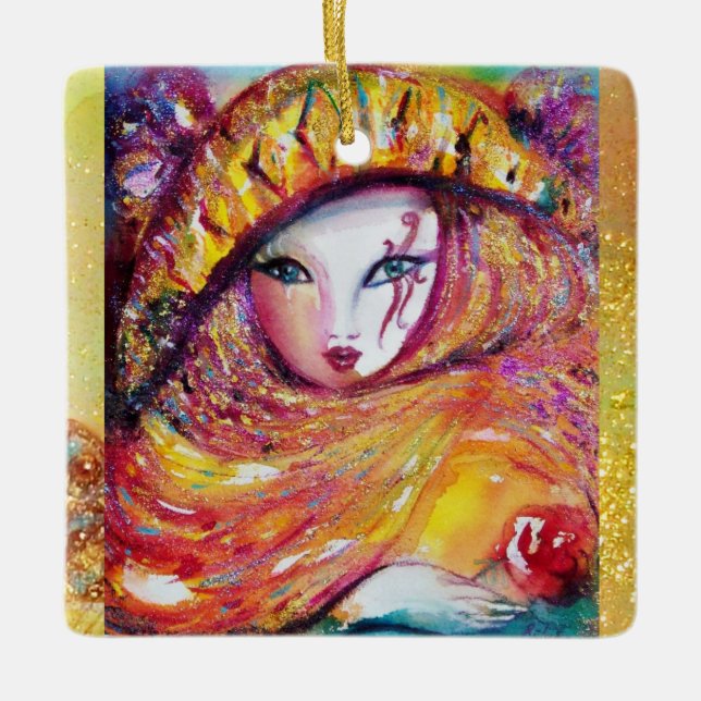 CARNIVAL MASK IN YELLOW Masquerade Party Ceramic Ornament (Front)