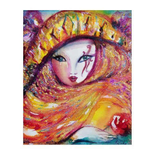 CARNIVAL MASK IN YELLOW WITH RED ROSE ACRYLIC PRINT