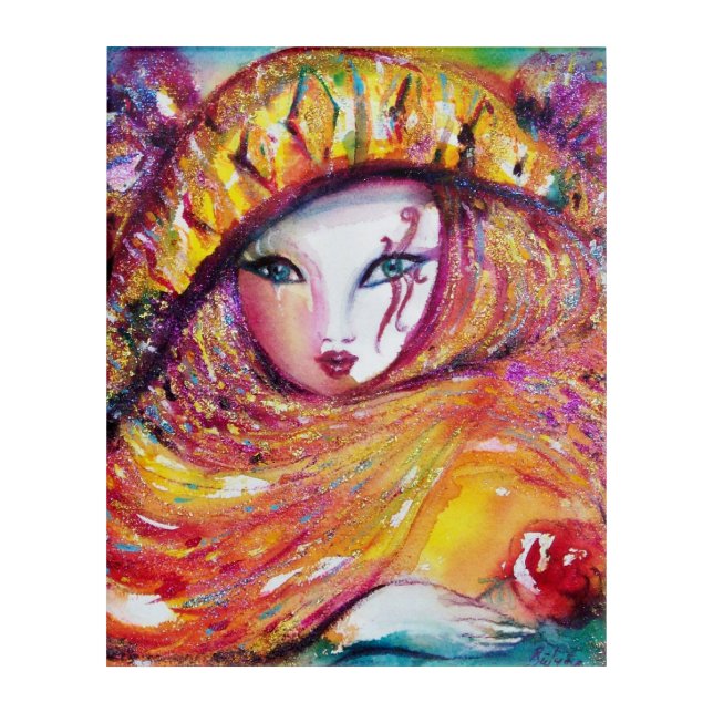 CARNIVAL MASK IN YELLOW WITH RED ROSE ACRYLIC PRINT (Front)