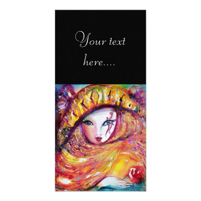 CARNIVAL MASK IN YELLOW WITH RED ROSE CARD (Front)