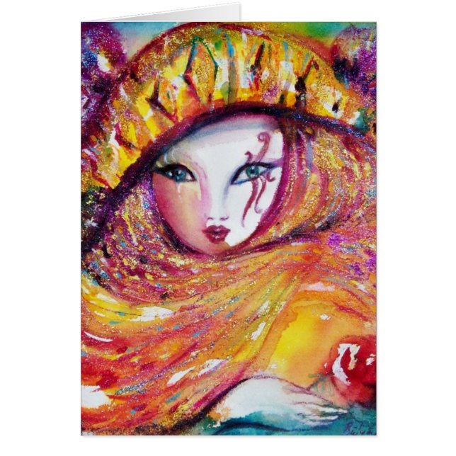 CARNIVAL MASK IN YELLOW WITH RED ROSE CARDS (Front)