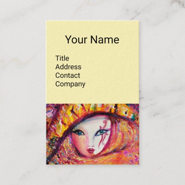 CARNIVAL MASK IN YELLOW WITH RED ROSE Cream Business Card (Front)